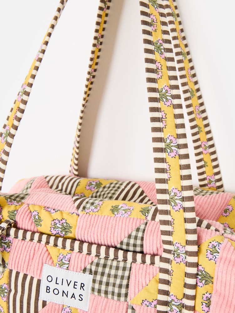 Oliver Bonas Pink & Brown Emily Patchwork Corduroy Quilted Bag - Image 7 of 7 Oliver Bonas Pink & Brown Emily Patchwork Corduroy Quilted Bag - Image 7 of 7