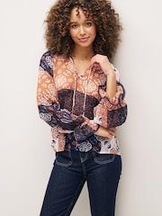Navy Blue Patch Print Long Sleeve V-Neck Sheer Blouse with Lace Trim Detail - Image 1 of 5