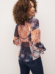 Navy Blue Patch Print Long Sleeve V-Neck Sheer Blouse with Lace Trim Detail - Image 2 of 5