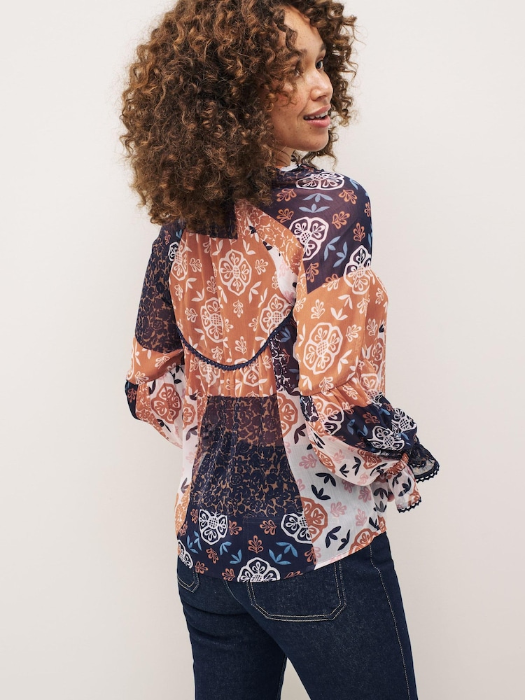 Navy Blue Patch Print Long Sleeve V-Neck Sheer Blouse with Lace Trim Detail - Image 2 of 5