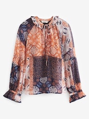 Navy Blue Patch Print Long Sleeve V-Neck Sheer Blouse with Lace Trim Detail - Image 5 of 5
