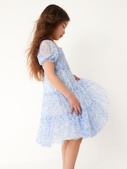Blue Floral Mesh Tiered Dress (3-16yrs) - Image 4 of 9