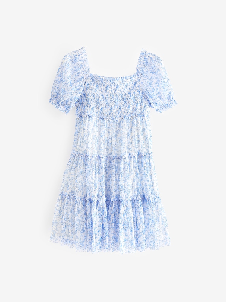 Blue Floral Mesh Tiered Dress (3-16yrs) - Image 9 of 9