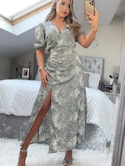 AX Paris Black Printed Ruched Side Midi Dress - Image 3 of 4