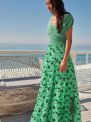 Green Print Shirred Waist V-Neck Sleeveless Maxi Dress - Image 1 of 4