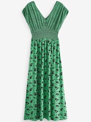 Green Print Shirred Waist V-Neck Sleeveless Maxi Dress - Image 4 of 4