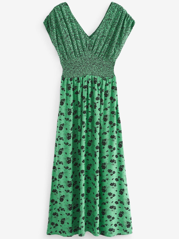 Green Print Shirred Waist V-Neck Sleeveless Maxi Dress - Image 4 of 4