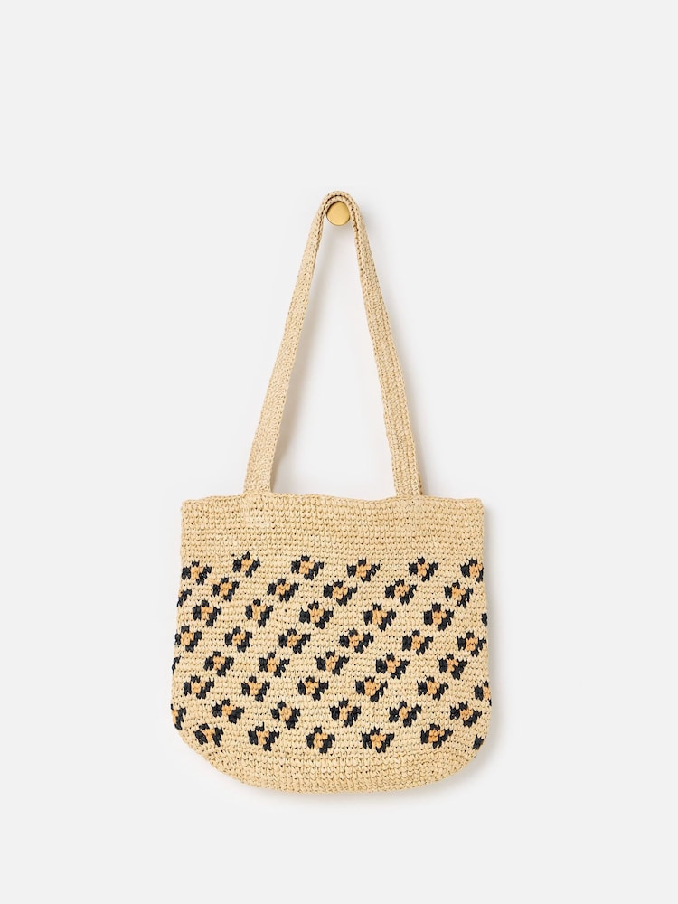 Oliver Bonas Brown Leopard Print Straw Tote Bag - Image 1 of 4 Oliver Bonas Brown Leopard Print Straw Tote Bag - Image 1 of 4