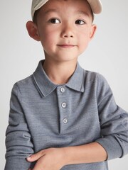 Reiss Denim Melange Trafford 3-9 yrs Merino Wool Polo Shirt - Image 1 of 6
