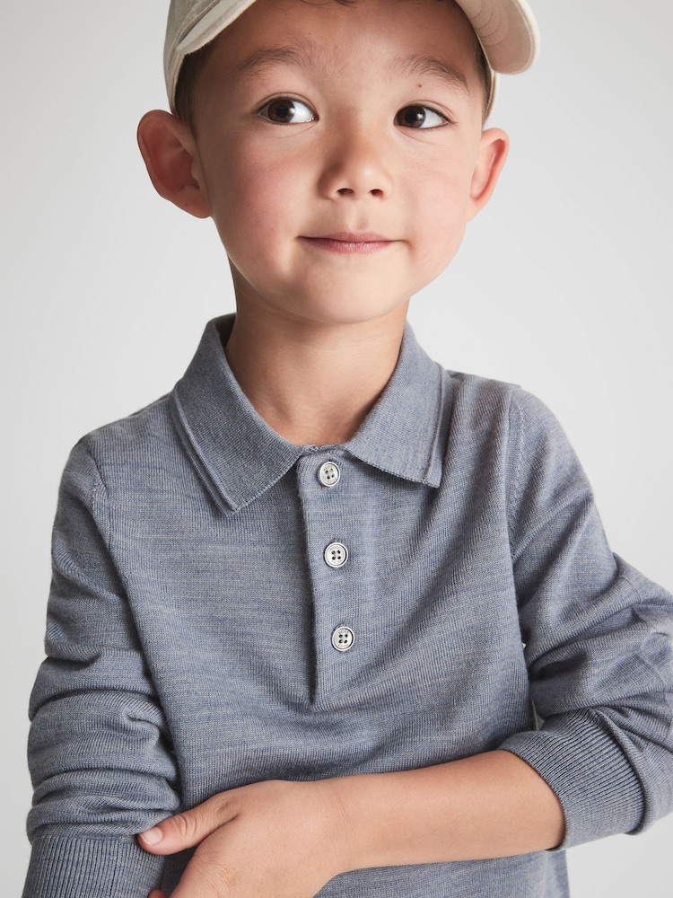 Reiss Denim Melange Trafford 3-9 yrs Merino Wool Polo Shirt - Image 1 of 6