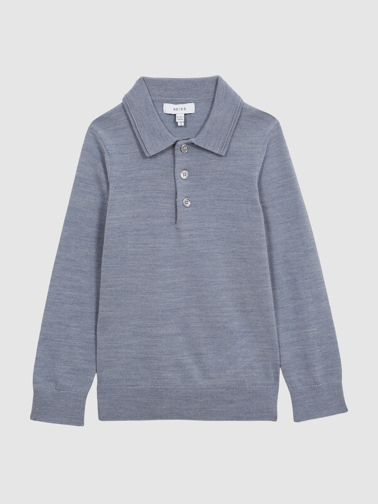 Reiss Denim Melange Trafford 3-9 yrs Merino Wool Polo Shirt - Image 2 of 6