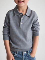 Reiss Denim Melange Trafford 3-9 yrs Merino Wool Polo Shirt - Image 4 of 6