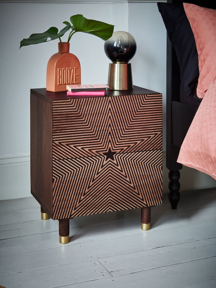 Rockett St George Natural Starburst Mango Wood 2 Drawer Bedside Table - Image 2 of 8