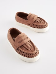 Tan Brown Woven Detail Contrast Sole Loafers - Image 1 of 6