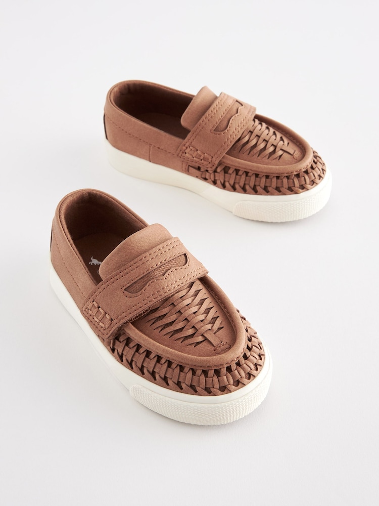 Tan Brown Woven Detail Contrast Sole Loafers - Image 1 of 6