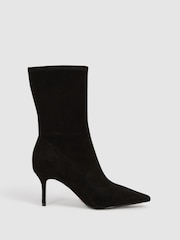 Reiss Black Caley Pointed Kitten Heel Suede Boots - Image 1 of 7