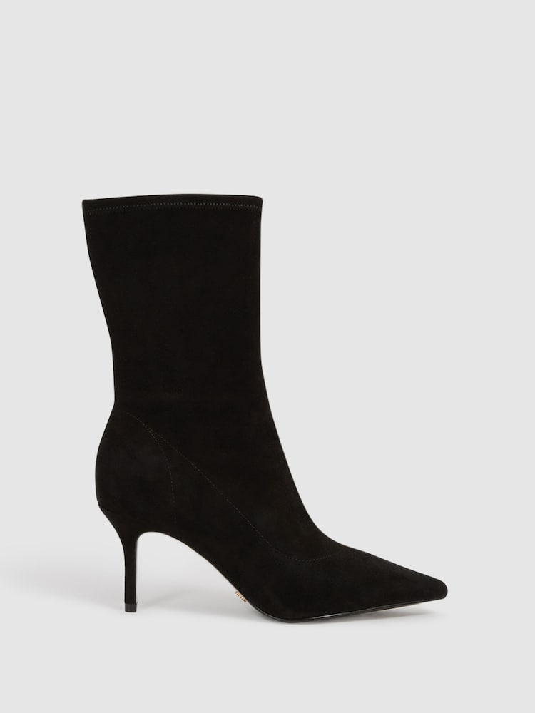 Reiss Black Caley Pointed Kitten Heel Suede Boots - Image 1 of 7