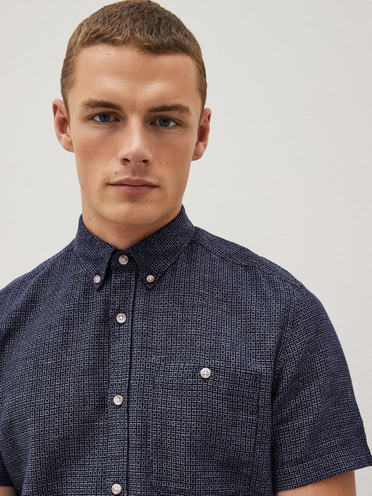 Dark Blue Textured Short Sleeve Shirt - Image 2 of 5