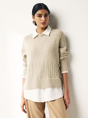Neutral Brown Gem Button Shirt Layer Jumper - Image 1 of 7