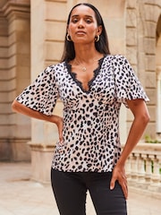 Sosandar Black/White Leopard Print Slim Fit Lace Trim Top - Image 4 of 5
