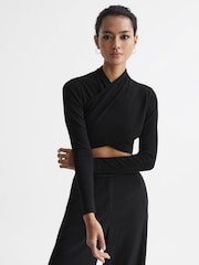 Reiss Black Elena Cross Front Crop Top - Image 1 of 6