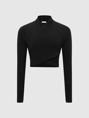 Reiss Black Elena Cross Front Crop Top - Image 2 of 6