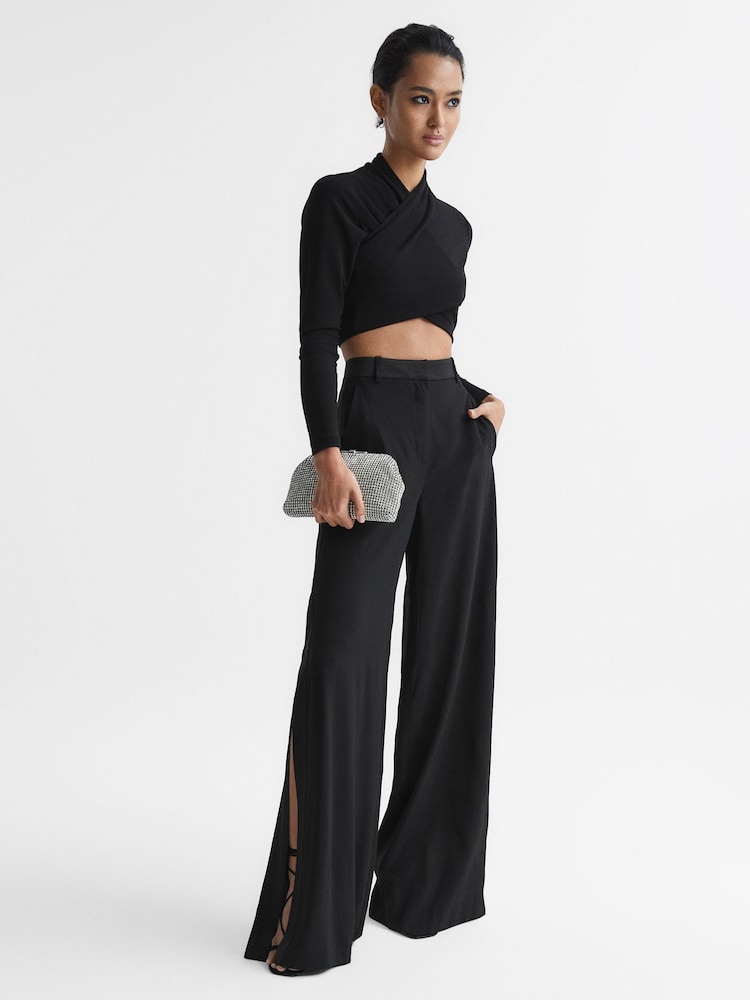 Reiss Black Elena Cross Front Crop Top - Image 3 of 6