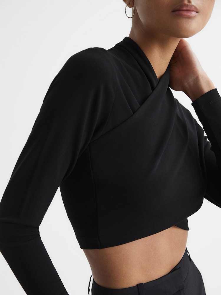Reiss Black Elena Cross Front Crop Top - Image 4 of 6