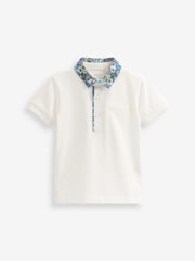 White Short Sleeve Polo Shirt With Floral Print Collar (3mths-7yrs) - Image 1 of 2