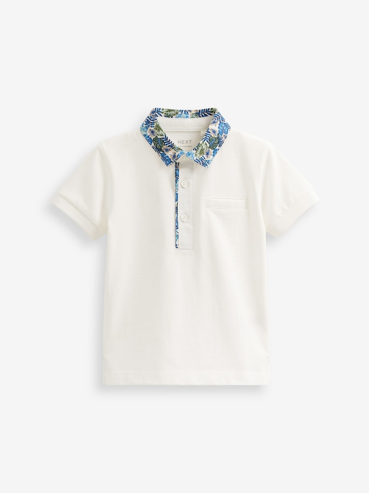 White Short Sleeve Polo Shirt With Floral Print Collar (3mths-7yrs) - Image 1 of 2