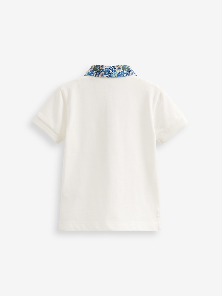 White Short Sleeve Polo Shirt With Floral Print Collar (3mths-7yrs) - Image 2 of 2