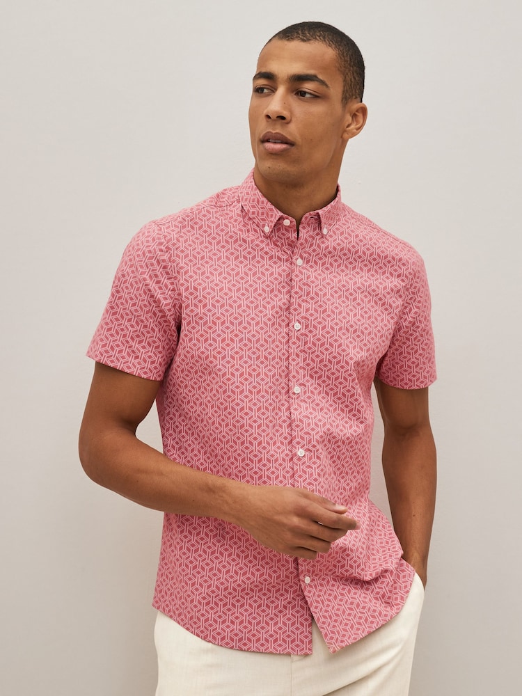 Pink Stretch Oxford Printed Short Sleeve Shirt - Image 2 of 6