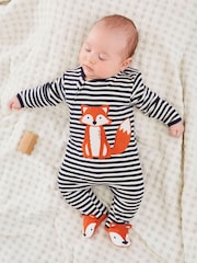 JoJo Maman Bébé Navy Blue Ecru Cream Stripe Fox Appliqué Zip Cotton Baby Sleepsuit - Image 1 of 4