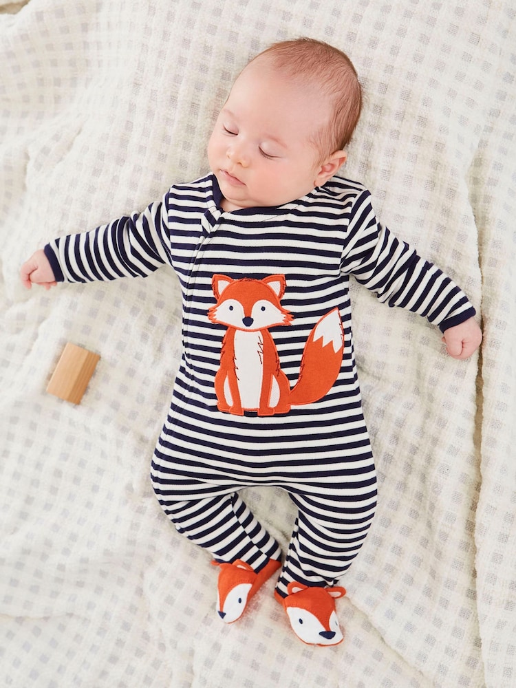 JoJo Maman Bébé Navy Blue Ecru Cream Stripe Fox Appliqué Zip Cotton Baby Sleepsuit - Image 1 of 4