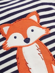 JoJo Maman Bébé Navy Blue Ecru Cream Stripe Fox Appliqué Zip Cotton Baby Sleepsuit - Image 2 of 4