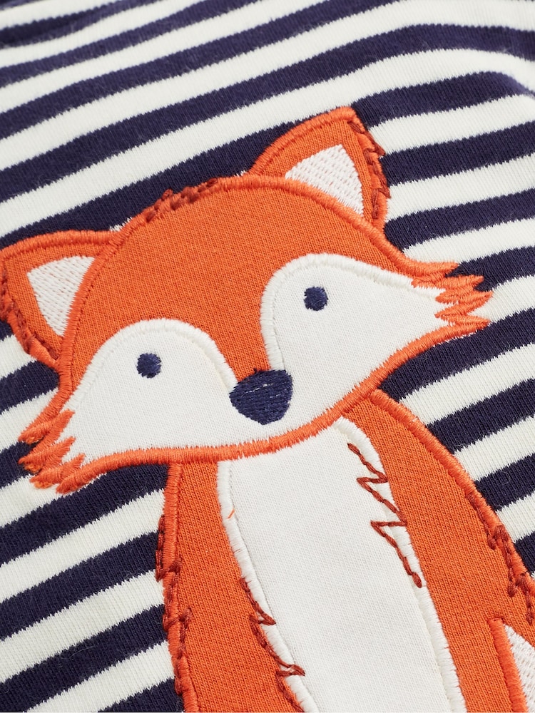 JoJo Maman Bébé Navy Blue Ecru Cream Stripe Fox Appliqué Zip Cotton Baby Sleepsuit - Image 2 of 4