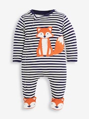 JoJo Maman Bébé Navy Blue Ecru Cream Stripe Fox Appliqué Zip Cotton Baby Sleepsuit - Image 3 of 4