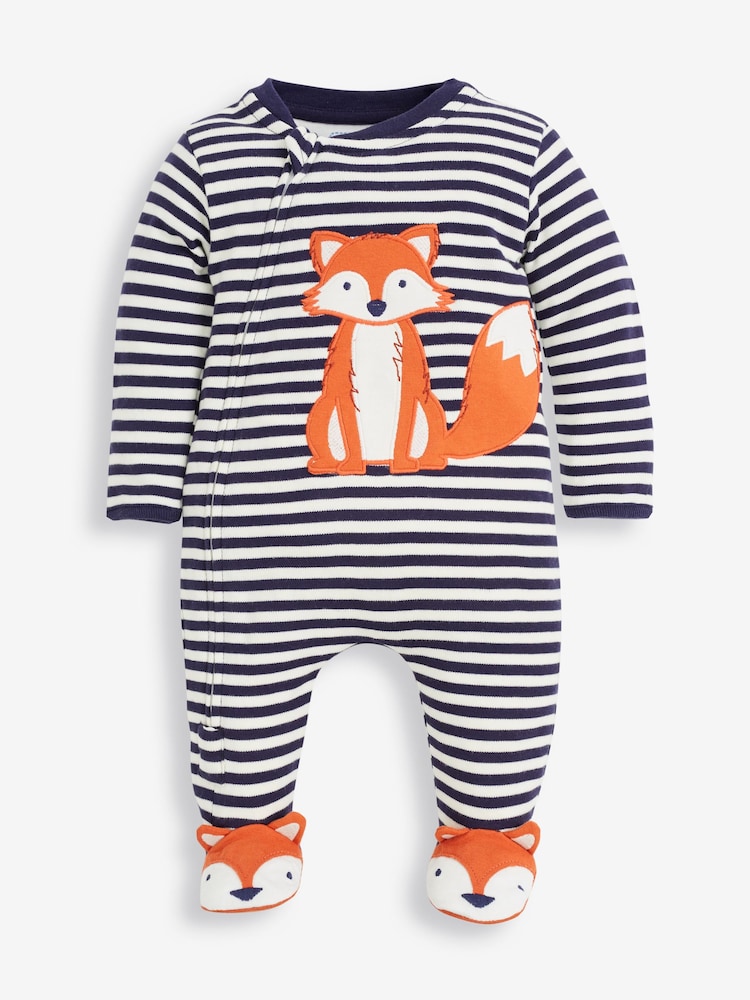 JoJo Maman Bébé Navy Blue Ecru Cream Stripe Fox Appliqué Zip Cotton Baby Sleepsuit - Image 3 of 4