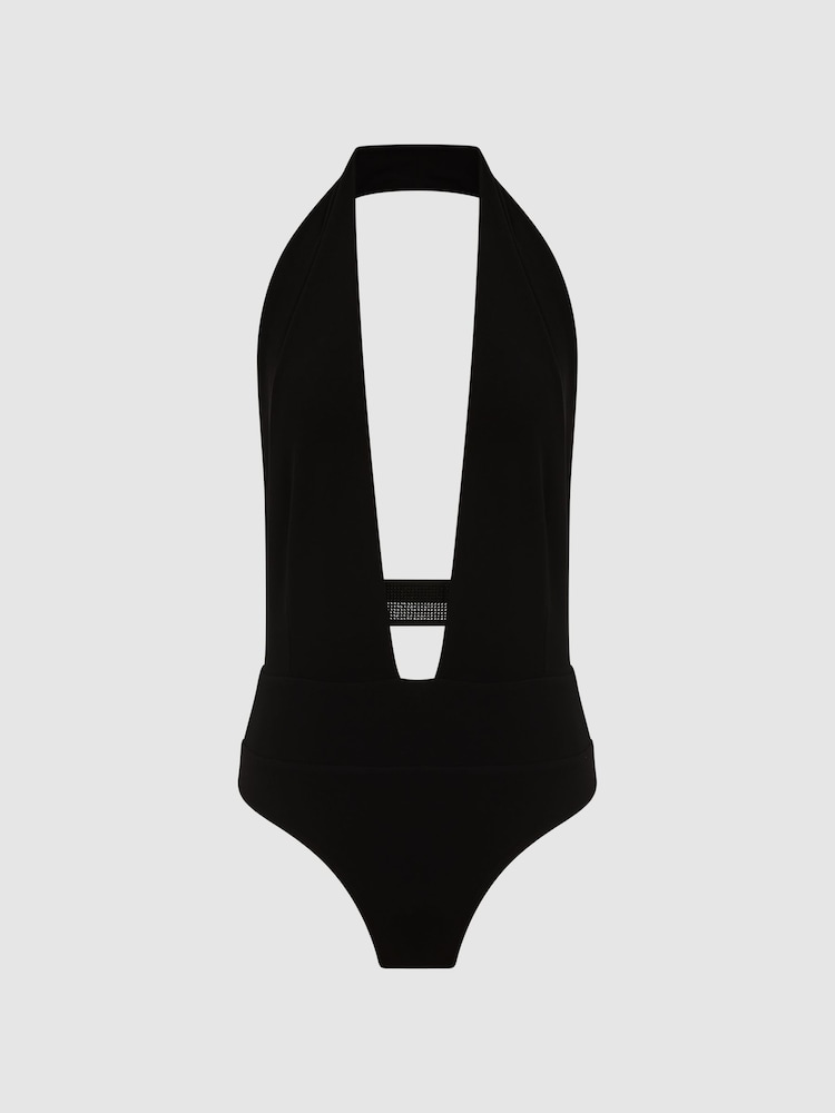 Reiss Black Tatianna Diamante-Embellished Plunge-Neck Bodysuit - Image 2 of 7