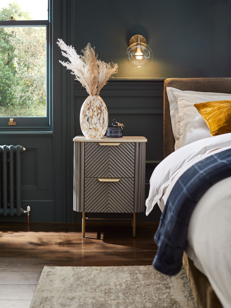 Dark Grey Valencia Marble and Mango Wood 2 Drawer Bedside Table - Image 2 of 11