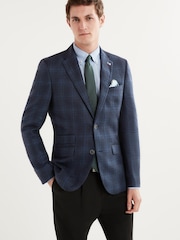 Navy Blue Trimmed Check Blazer - Image 1 of 13