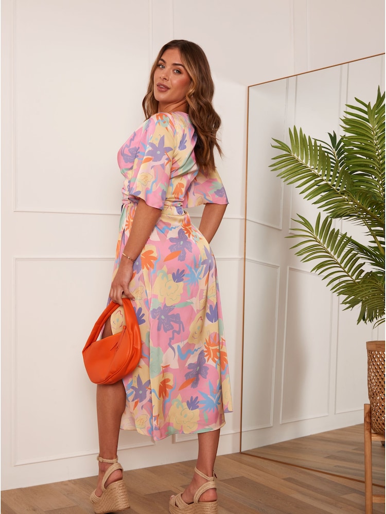 Chi Chi London Pink Wrap Front Floral Midi Dress - Image 2 of 5 Chi Chi London Pink Wrap Front Floral Midi Dress - Image 2 of 5