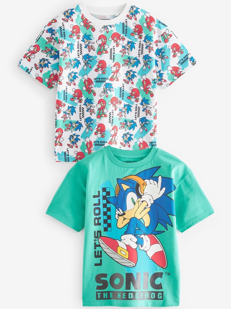 White/Aqua Blue Sonic Licensed T-Shirt 2 Pack (3-16yrs) - Image 1 of 7