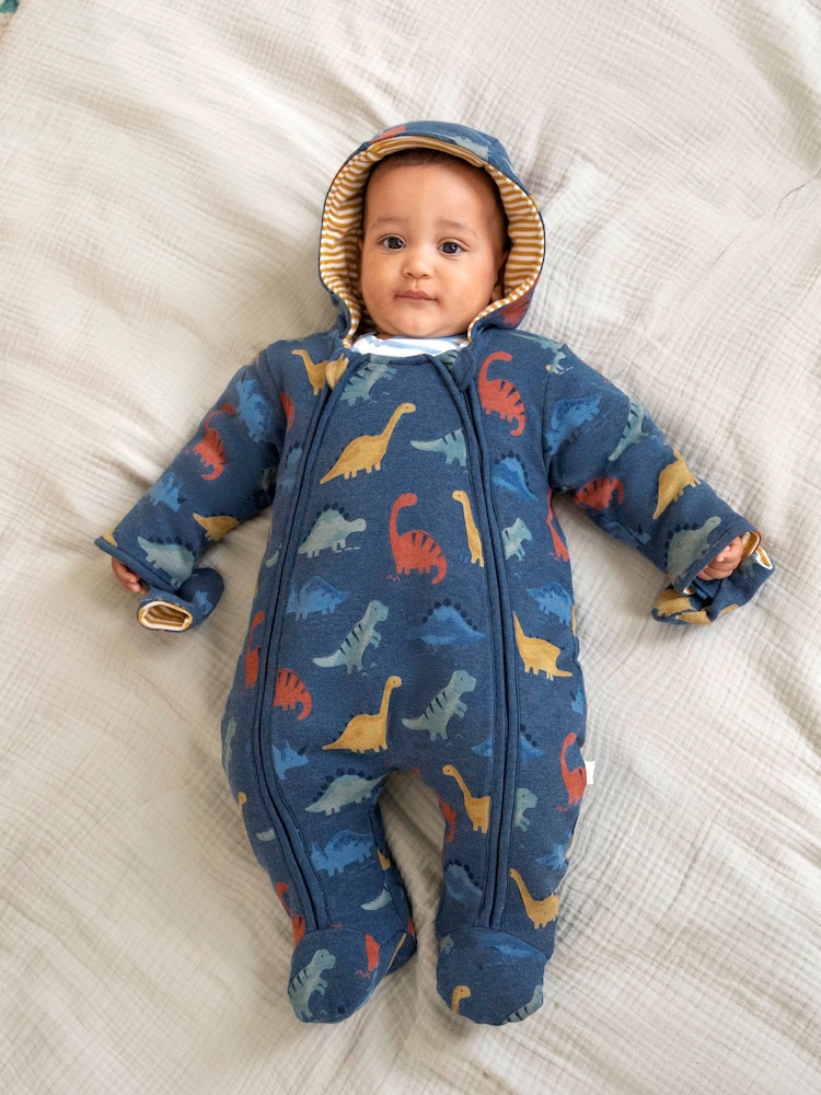 JoJo Maman Bébé Indigo Dinosaur Print Cosy Pramsuit - Image 1 of 3