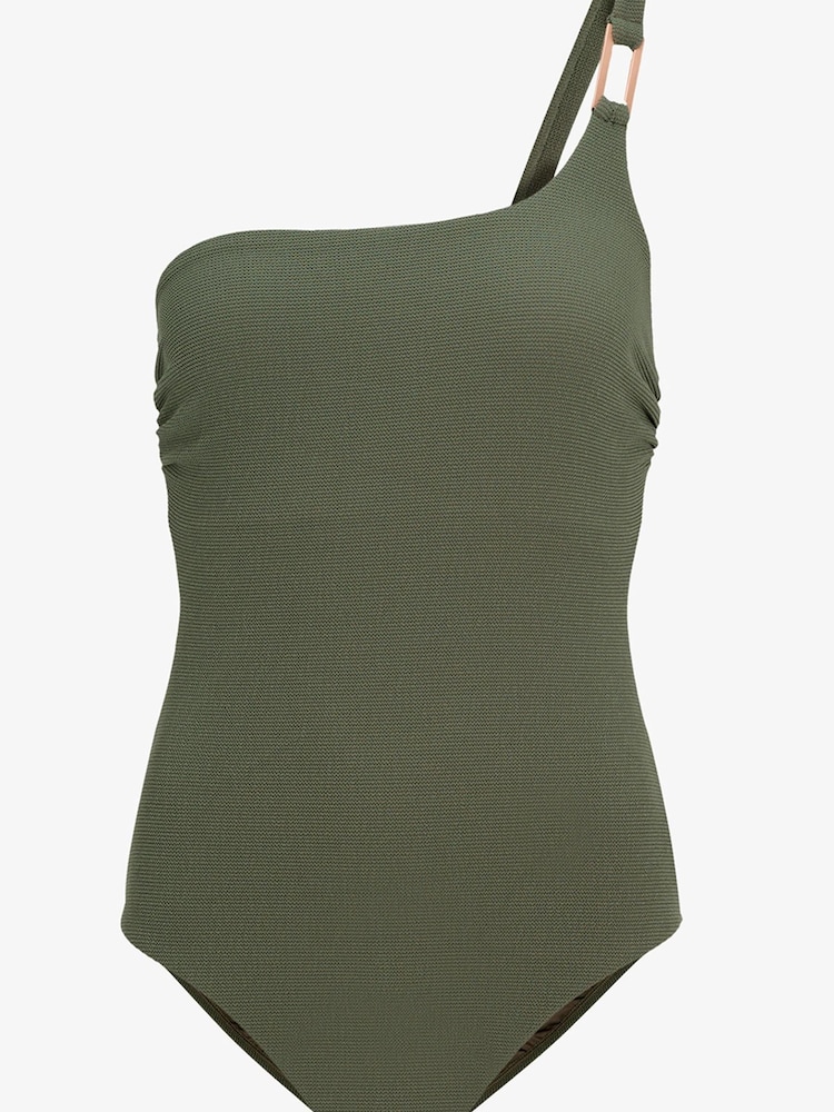 Mint Velvet Khaki Green Texture Textured Tummy Control One Shoulder Swimsuit - Image 2 of 4 Mint Velvet Khaki Green Texture Textured Tummy Control One Shoulder Swimsuit - Image 2 of 4