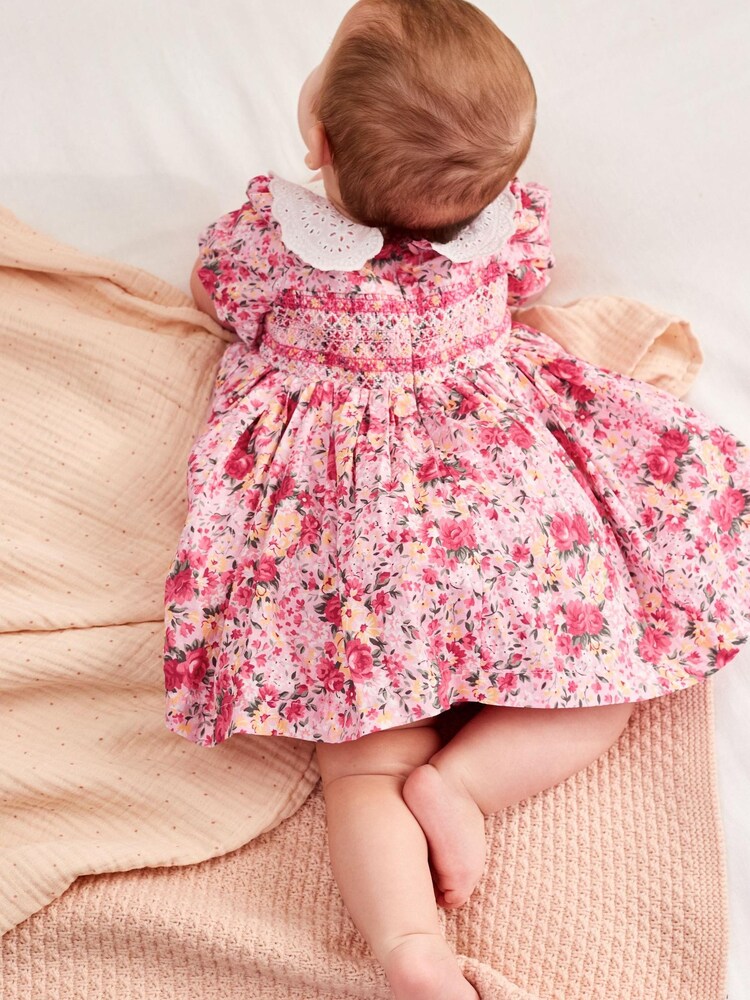 Laura Ashley Pink/Yellow Newborn Embroidered Smock Collar Prom Dress - Image 2 of 6