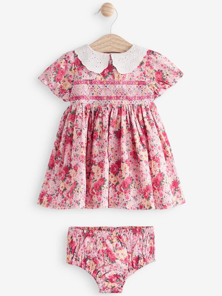 Laura Ashley Pink/Yellow Newborn Embroidered Smock Collar Prom Dress - Image 4 of 6