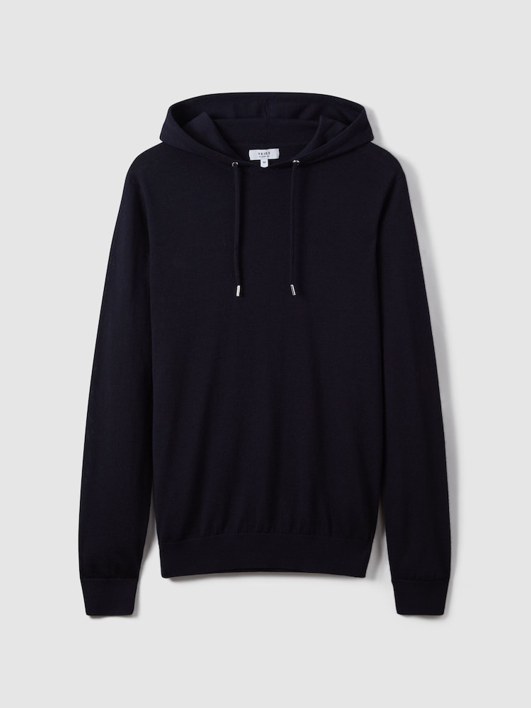 Reiss Navy Holland Merino Wool Drawstring Hoodie - Image 2 of 7