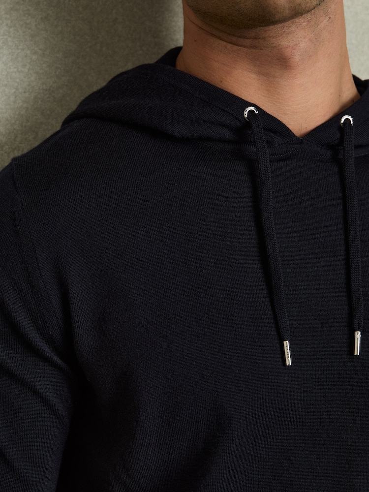 Reiss Navy Holland Merino Wool Drawstring Hoodie - Image 4 of 7
