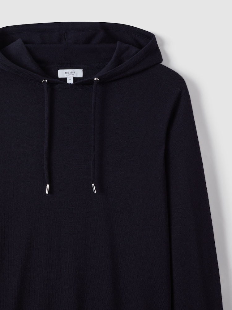 Reiss Navy Holland Merino Wool Drawstring Hoodie - Image 5 of 7